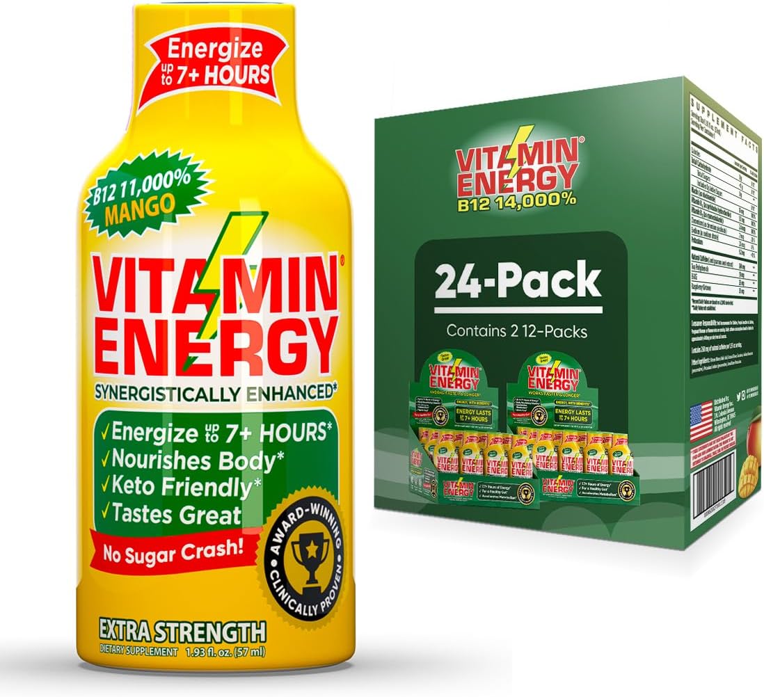 Natural Mango Flavored Vitamin B12 Energy Shots - 24 Pack - Sugar & Carb-Free Supplement - Boost Energy & Focus for 7+ Hours