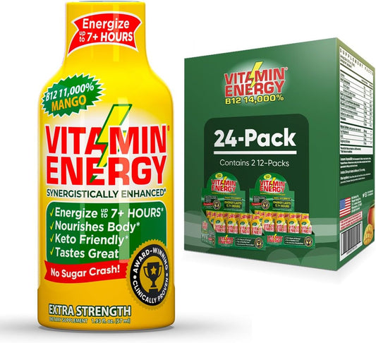 Natural Mango Flavored Vitamin B12 Energy Shots - 24 Pack - Sugar & Carb-Free Supplement - Boost Energy & Focus for 7+ Hours