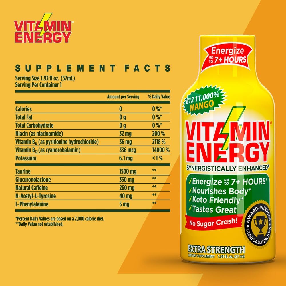 Natural Mango Flavored Vitamin B12 Energy Shots - 24 Pack - Sugar & Carb-Free Supplement - Boost Energy & Focus for 7+ Hours