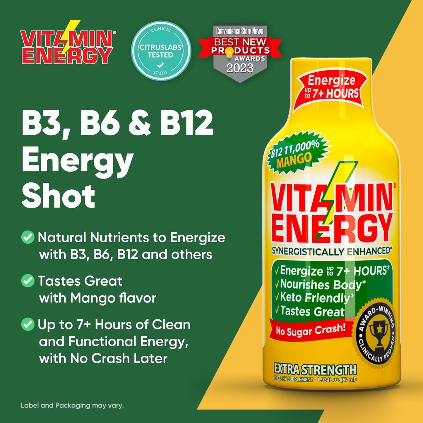Natural Mango Flavored Vitamin B12 Energy Shots - 24 Pack - Sugar & Carb-Free Supplement - Boost Energy & Focus for 7+ Hours