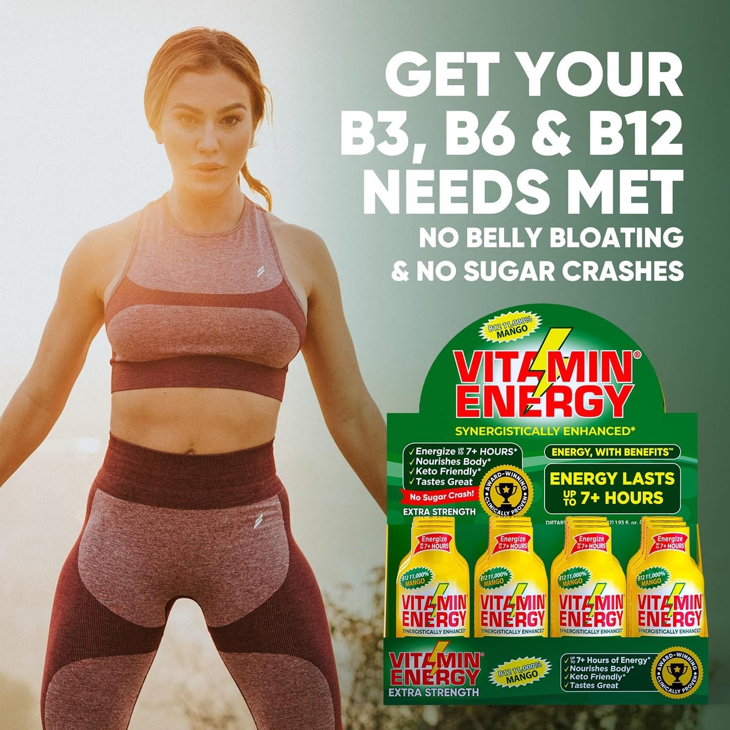 Natural Mango Flavored Vitamin B12 Energy Shots - 24 Pack - Sugar & Carb-Free Supplement - Boost Energy & Focus for 7+ Hours