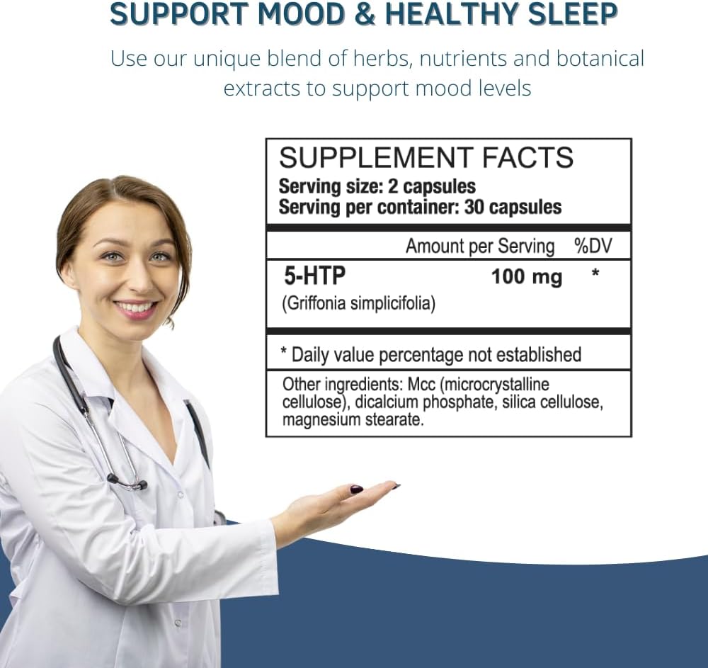 Natural Mood & Sleep Support Supplement Capsules with 5-HTP - Serotonin Booster for Calming Effect - 60 Capsules