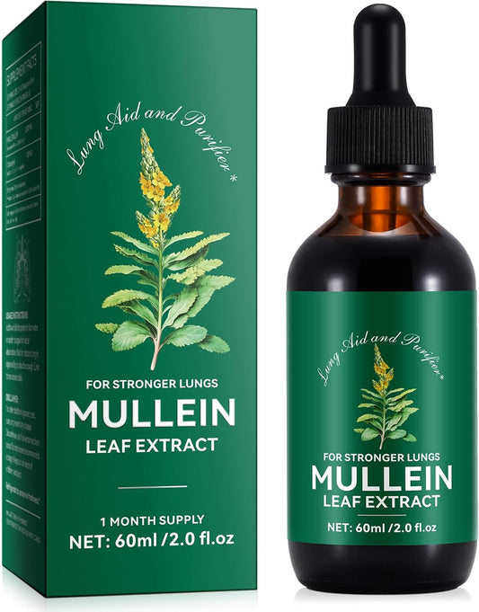 Natural Mullein Leaf Extract for Healthy Respiratory Support - Lung Aid & Cleanser - Fast Absorption - Vegetarian Formula - 60ml, 1 Month Supply
