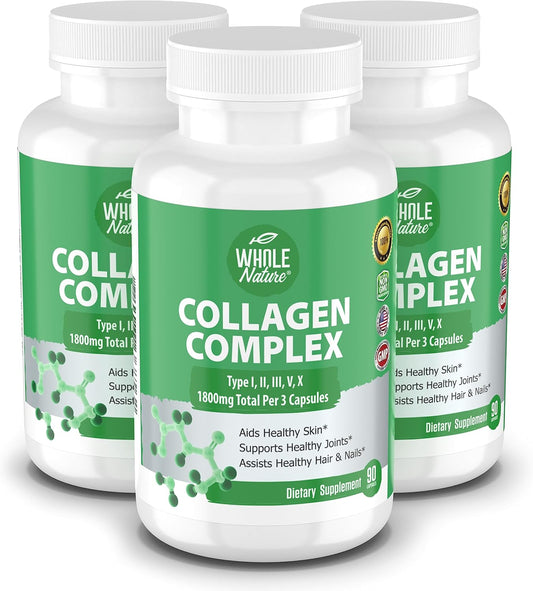 Natural Multi Collagen Protein Peptides Capsules - 1800mg Complex Types I, II, III, V, X - Joint Support, Hair, Skin, Nails - Beauty Vitamins, Non-GMO 270ct