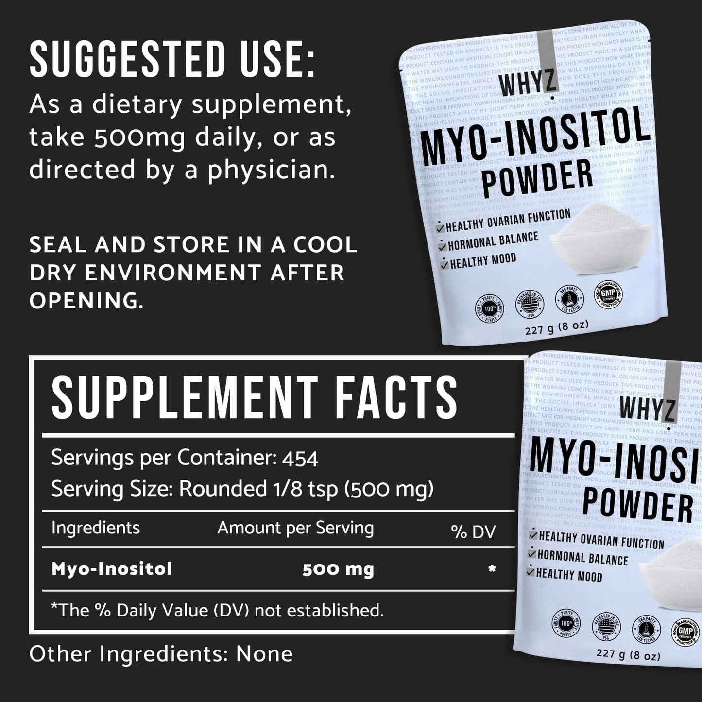 Natural Myo-Inositol Powder for Hormonal Balance & Fertility - 8oz, Pure Inositol Supplement for Energy & Brain Health, 454 Servings