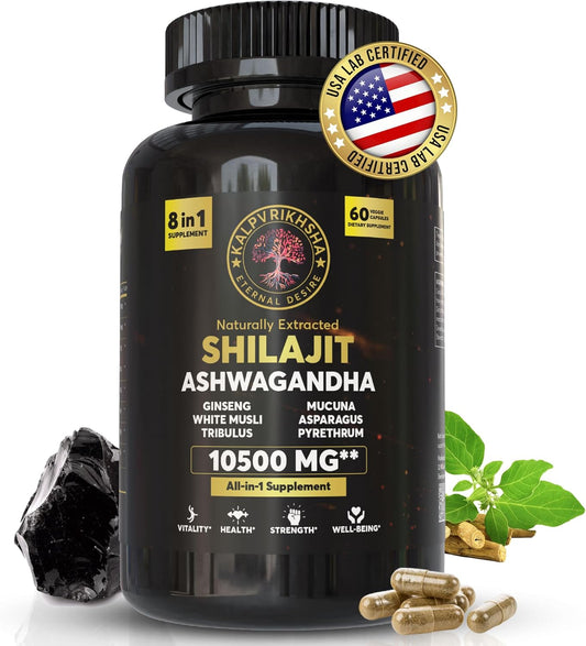 Natural Non-GMO Vegan Capsules with Ashwagandha, Shilajit, Ginseng, White Musli, and Asparagus for Vitality