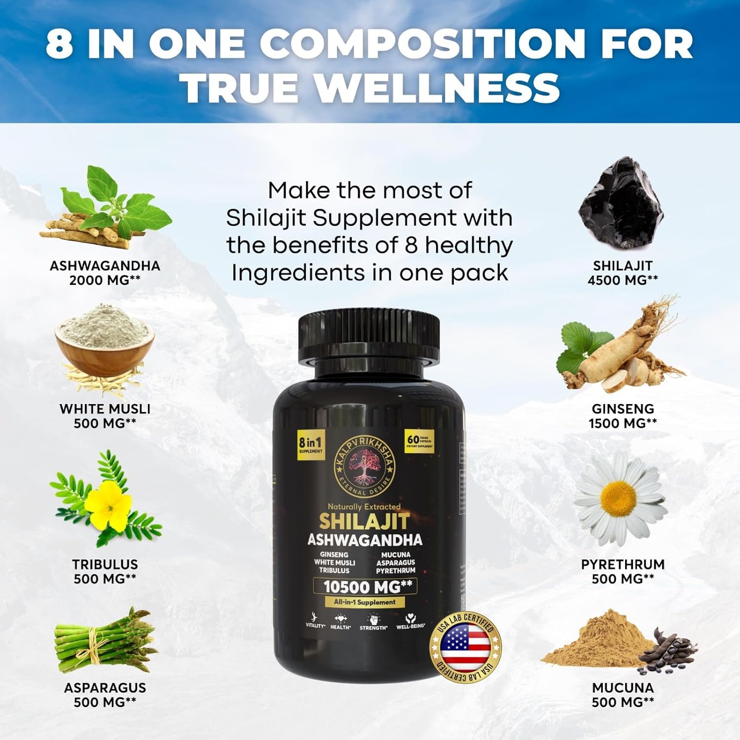 Natural Non-GMO Vegan Capsules with Ashwagandha, Shilajit, Ginseng, White Musli, and Asparagus for Vitality