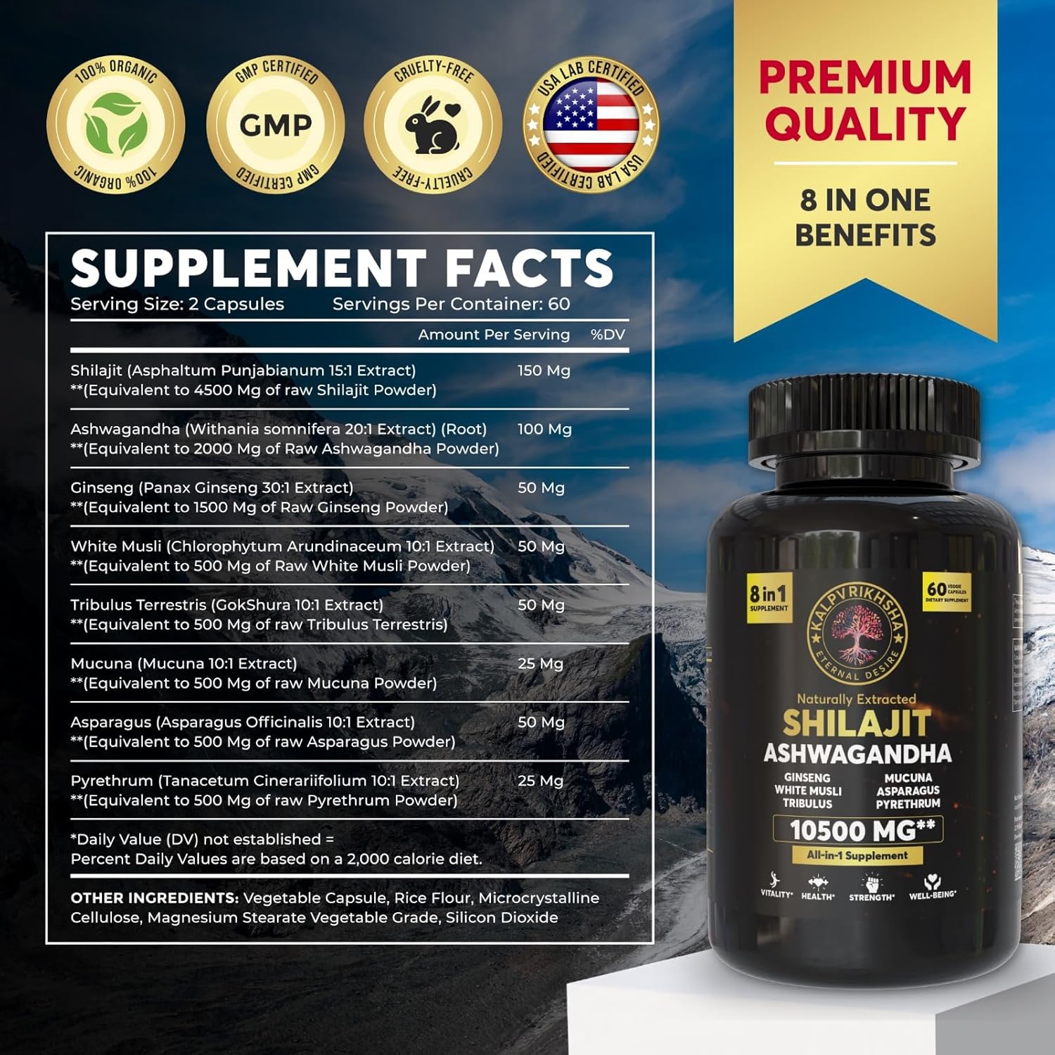 Natural Non-GMO Vegan Capsules with Ashwagandha, Shilajit, Ginseng, White Musli, and Asparagus for Vitality