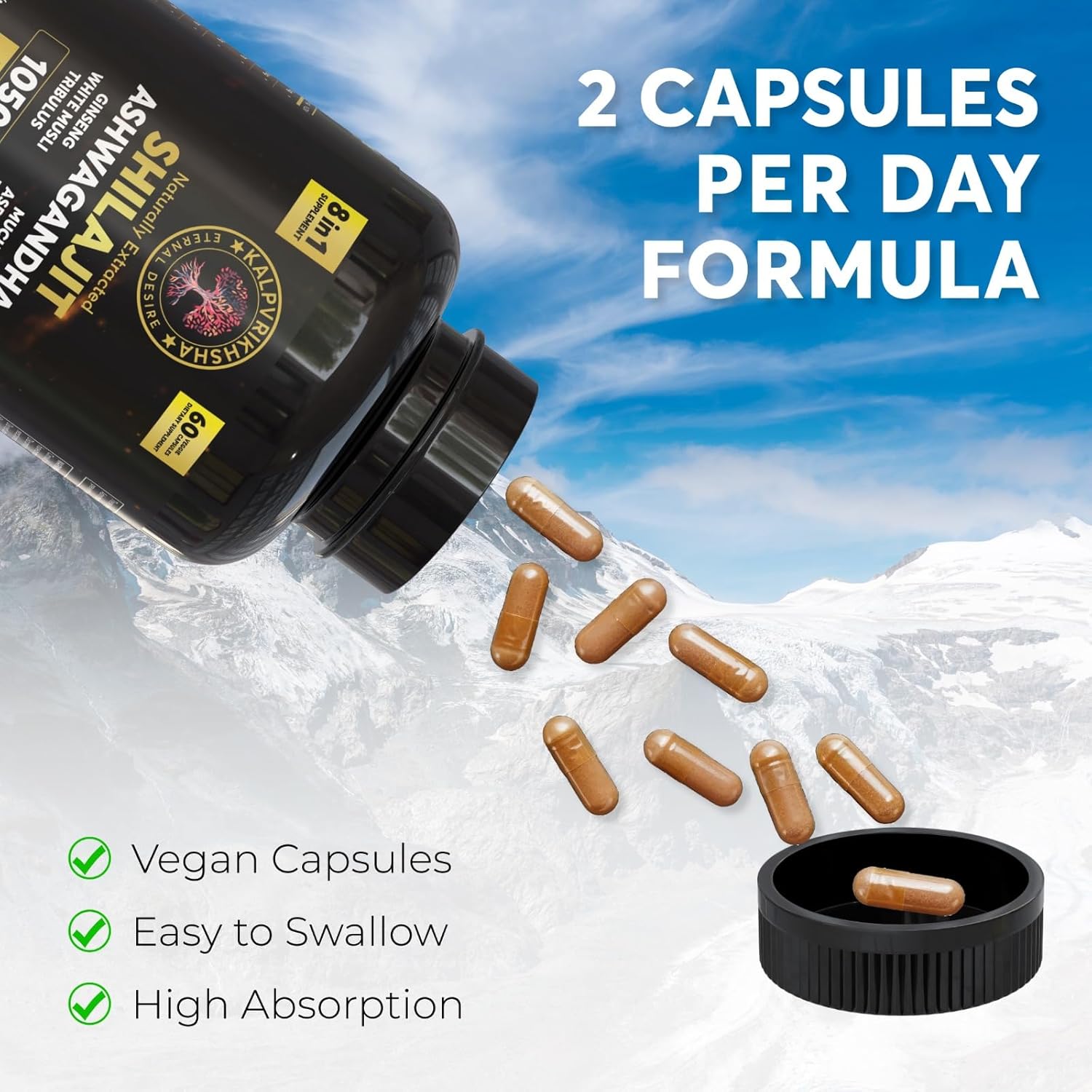 Natural Non-GMO Vegan Capsules with Ashwagandha, Shilajit, Ginseng, White Musli, and Asparagus for Vitality