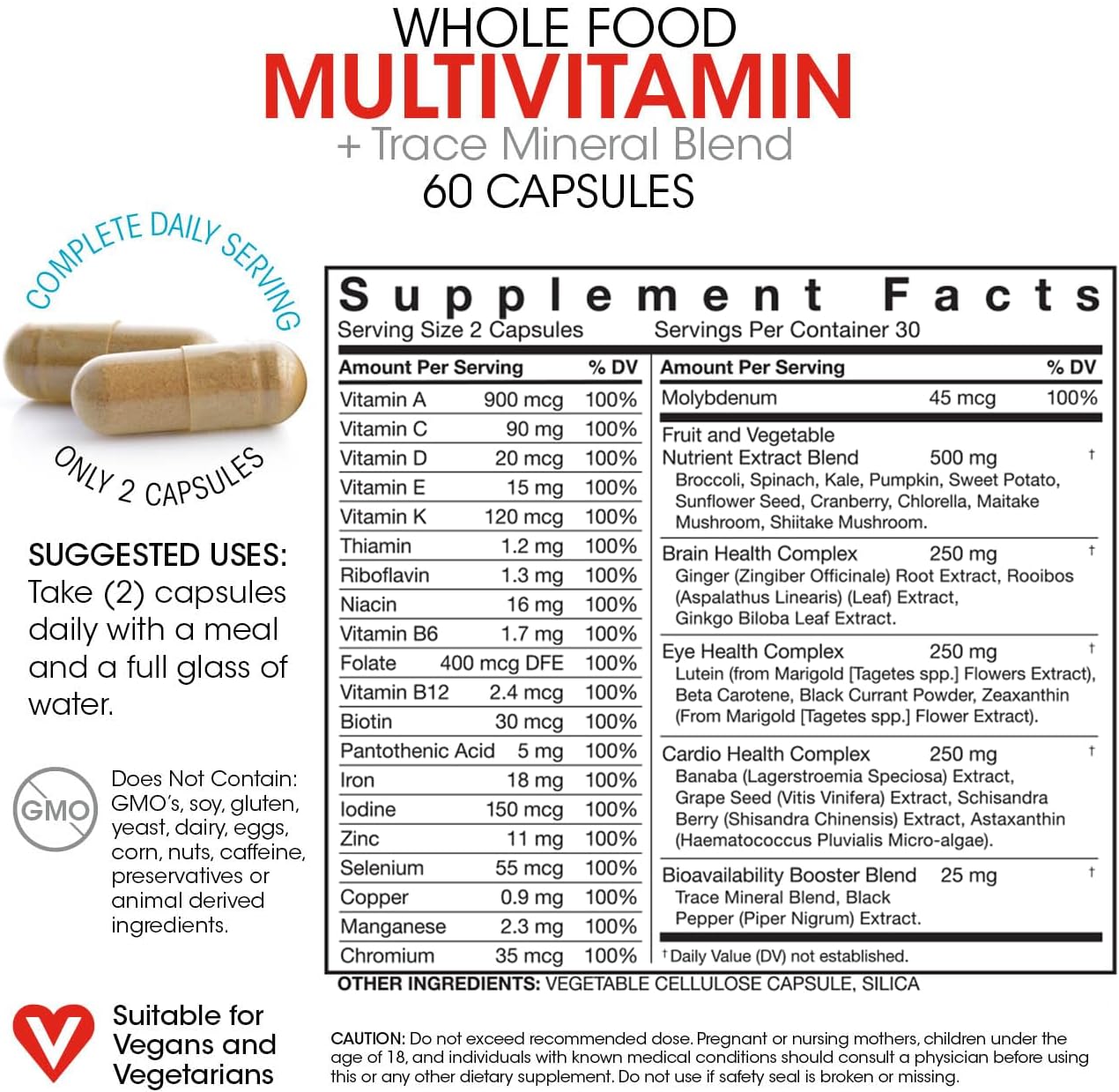 Natural Non-GMO Vegan Multivitamin Supplement with Trace Minerals - 120 Vegicaps - 60 Day Supply for Men & Women - Silver Fern Whole Food Formula