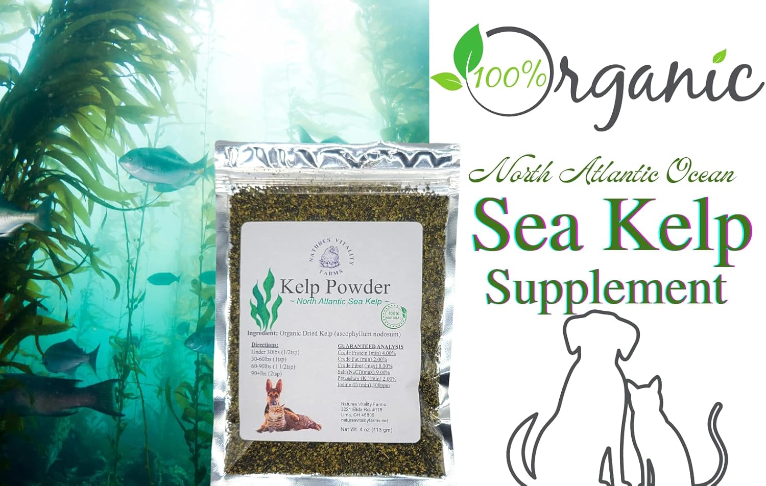 Natural North Atlantic Ocean Kelp Powder for Dogs and Cats - Vitamins, Minerals, and Antioxidants for Ultimate Health - 4 Ounce