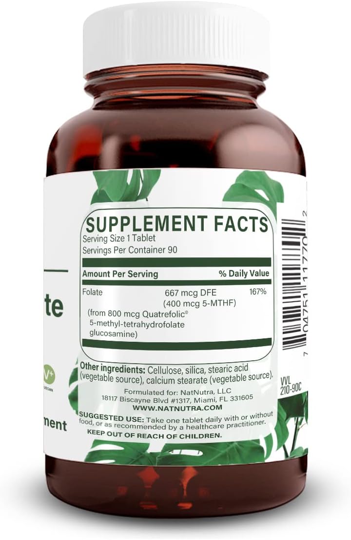 Natural Nutra Active Methyl Folate Supplement with Quatre Folic, Supports Heart and Body Health, Brain Health, Positive Vibes, and Reduces Fatigue - B9, 90 Vegan Tablets x 2 Pack