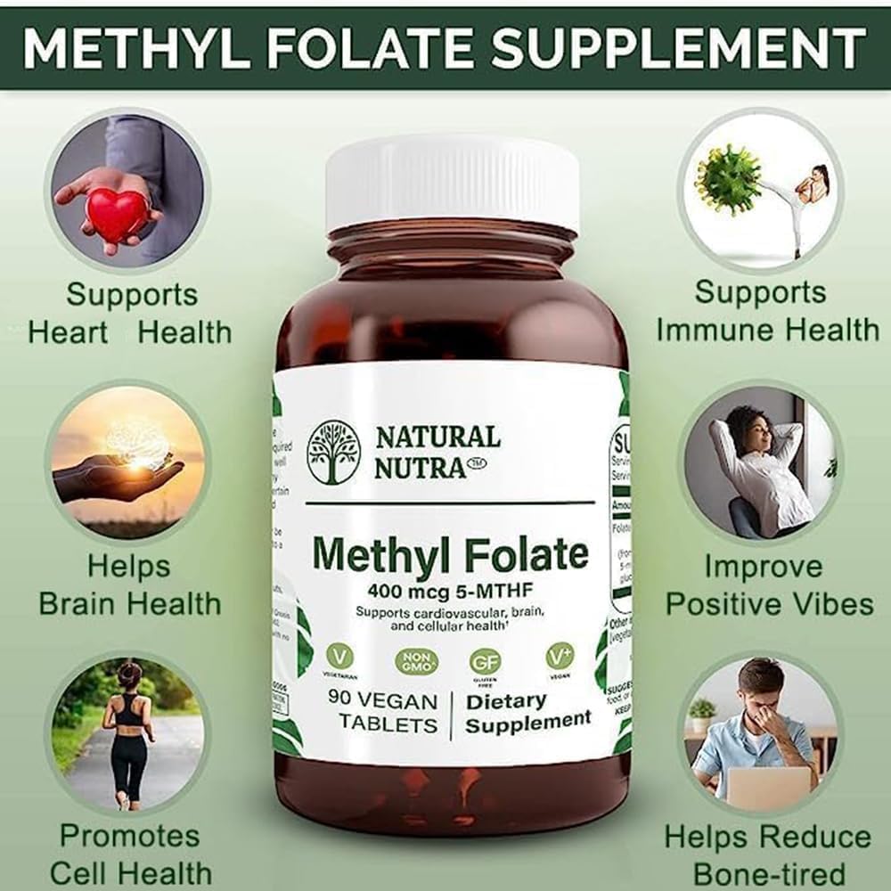 Natural Nutra Active Methyl Folate Supplement with Quatre Folic, Supports Heart and Body Health, Brain Health, Positive Vibes, and Reduces Fatigue - B9, 90 Vegan Tablets x 2 Pack