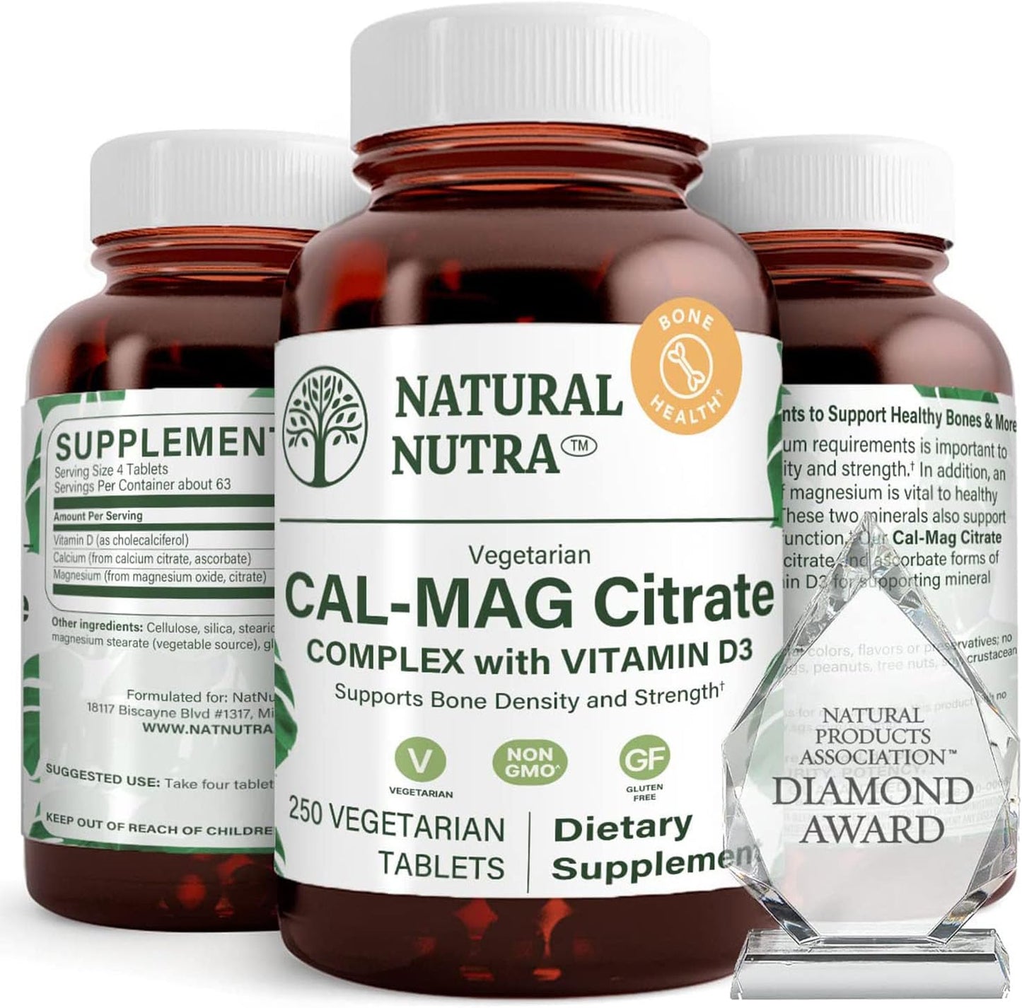 Natural Nutra Cal-Mag Citrate with Vitamin D3 - 1000/500 mg Complex for Bone, Muscle, and Nerve Health - 250 Vegan Tablets