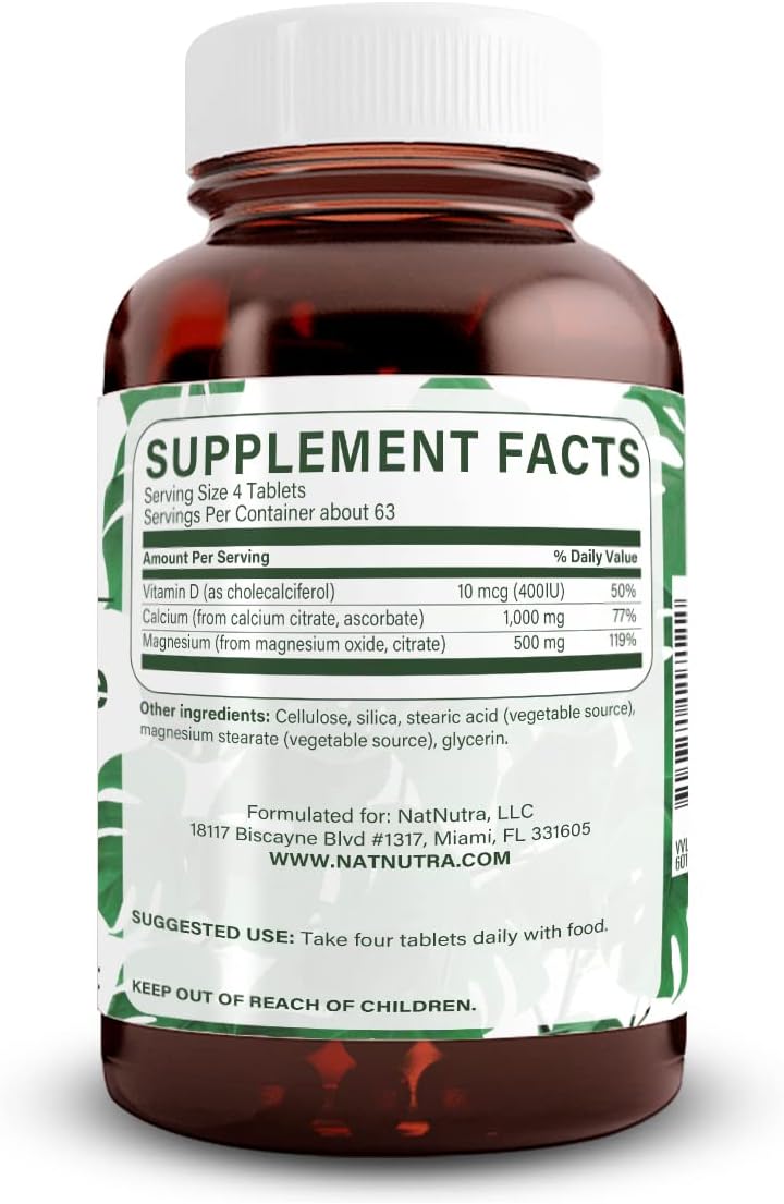 Natural Nutra Cal-Mag Citrate with Vitamin D3 - 1000/500 mg Complex for Bone, Muscle, and Nerve Health - 250 Vegan Tablets