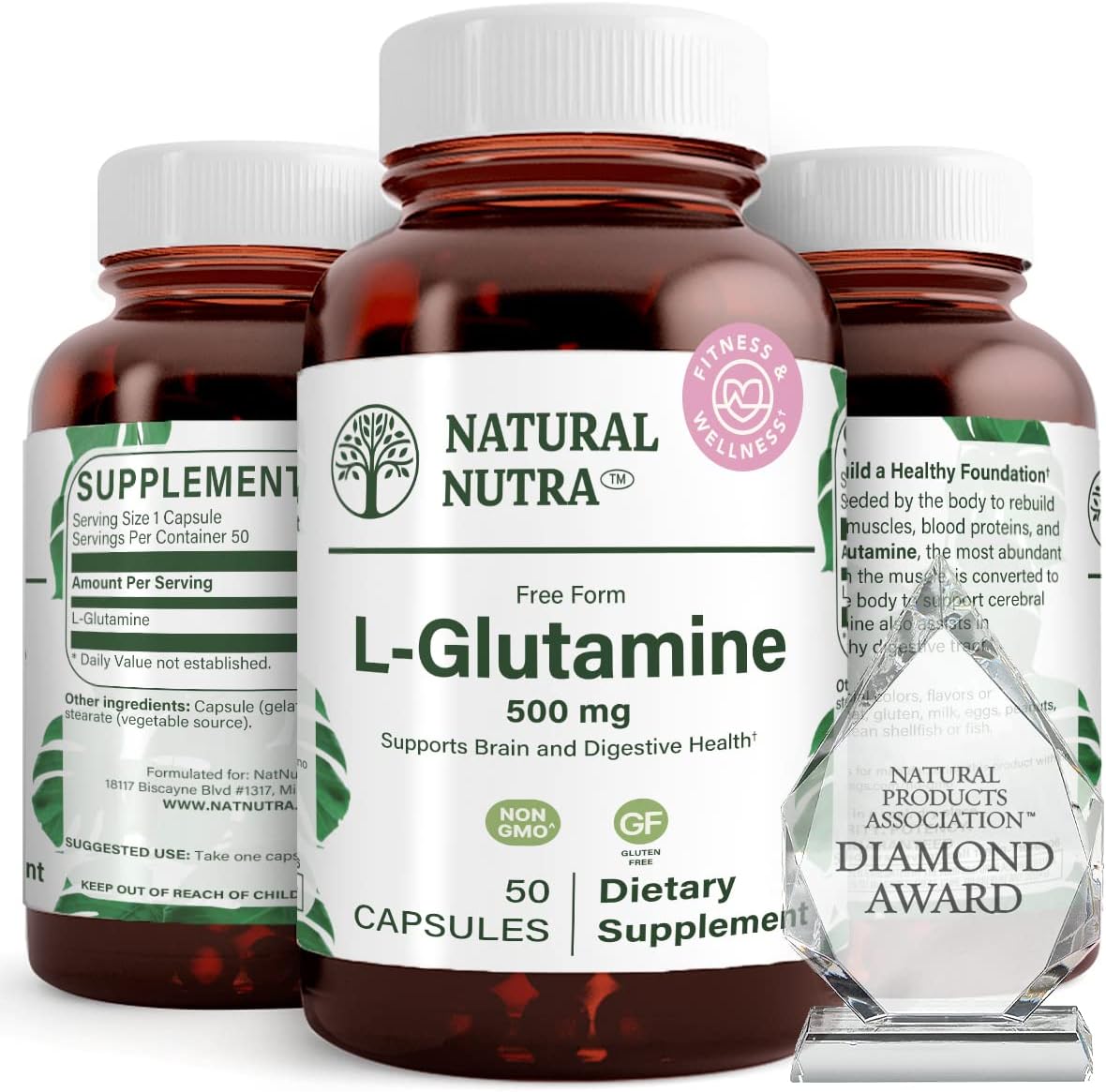 Natural Nutra L Glutamine Capsules for Brain, Digestive & Muscle Health - 500mg, 50 Count - Memory, Focus & Cerebral Support