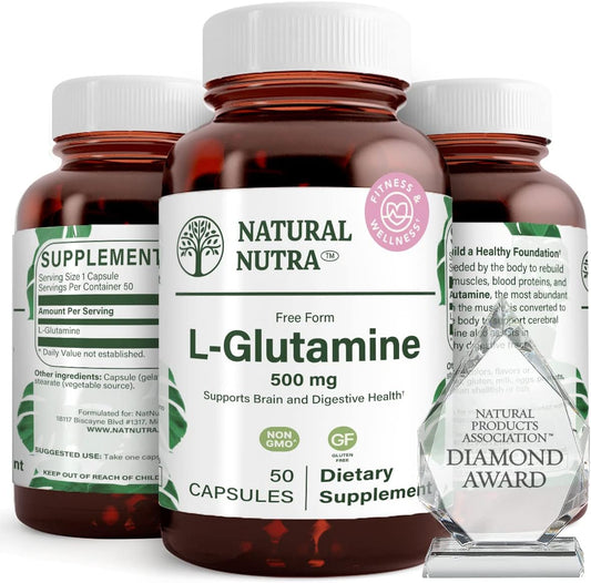 Natural Nutra L Glutamine Capsules for Brain, Digestive & Muscle Health - 500mg, 50 Count - Memory, Focus & Cerebral Support