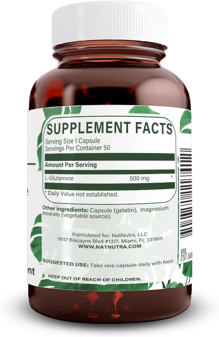 Natural Nutra L Glutamine Capsules for Brain, Digestive & Muscle Health - 500mg, 50 Count - Memory, Focus & Cerebral Support