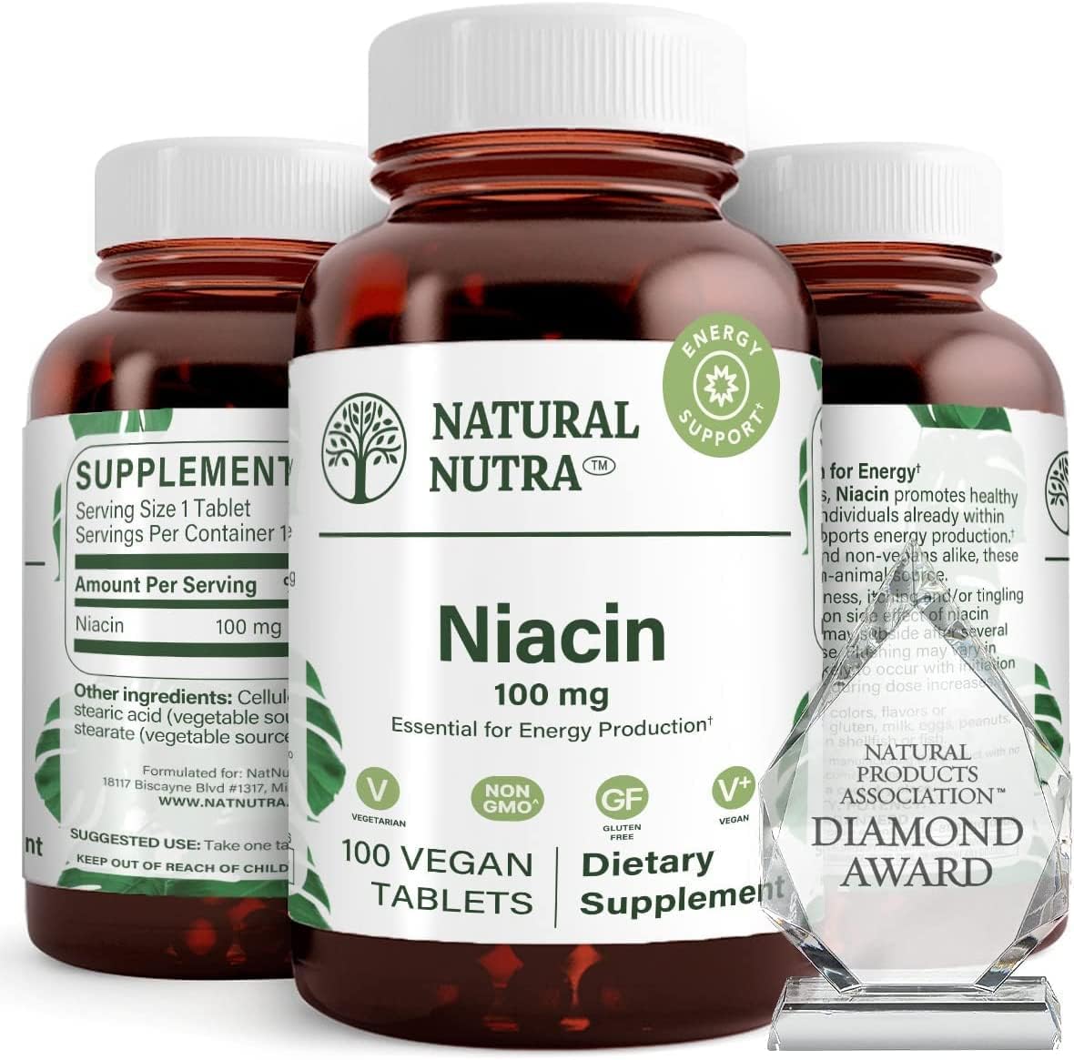 Natural Nutra Niacin Supplement 100mg - Boost Energy, Support Skin Health, Improve Digestion - Non-GMO, Gluten-Free - 100 Tablets x 2 Pack