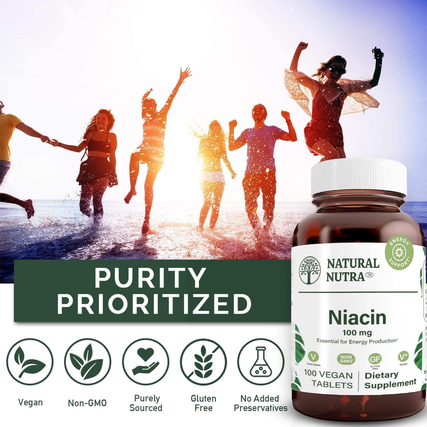 Natural Nutra Niacin Supplement 100mg - Boost Energy, Support Skin Health, Improve Digestion - Non-GMO, Gluten-Free - 100 Tablets x 2 Pack