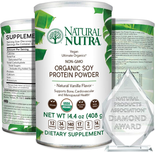 Natural Nutra Organic Vegan Plant Based Soy Protein Powder - Supports Midlife Transition, Bone Health, Cardiovascular Health - Gluten Free, Non GMO, Sugar-Free - 14.4 OZ.