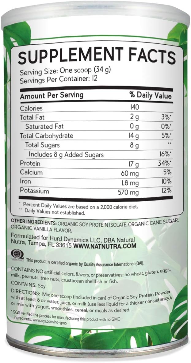 Natural Nutra Organic Vegan Plant Based Soy Protein Powder - Supports Midlife Transition, Bone Health, Cardiovascular Health - Gluten Free, Non GMO, Sugar-Free - 14.4 OZ.