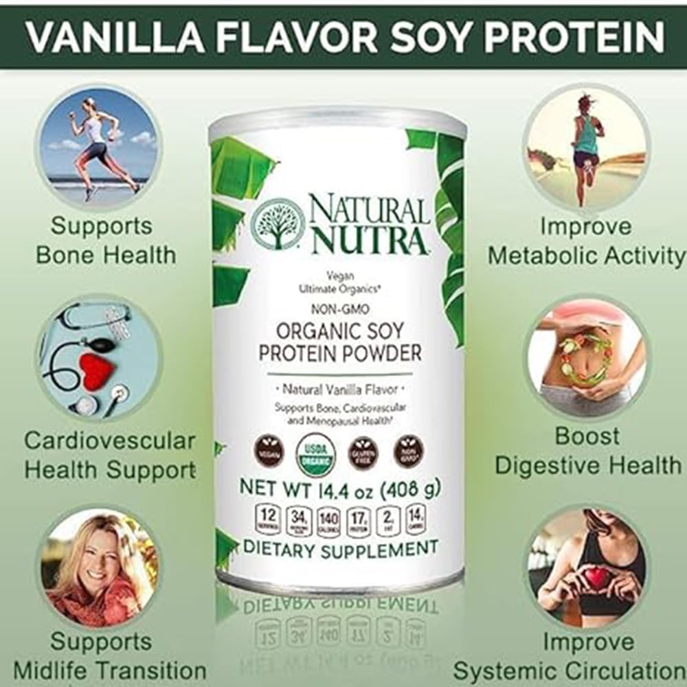 Natural Nutra Organic Vegan Plant Based Soy Protein Powder - Supports Midlife Transition, Bone Health, Cardiovascular Health - Gluten Free, Non GMO, Sugar-Free - 14.4 OZ.