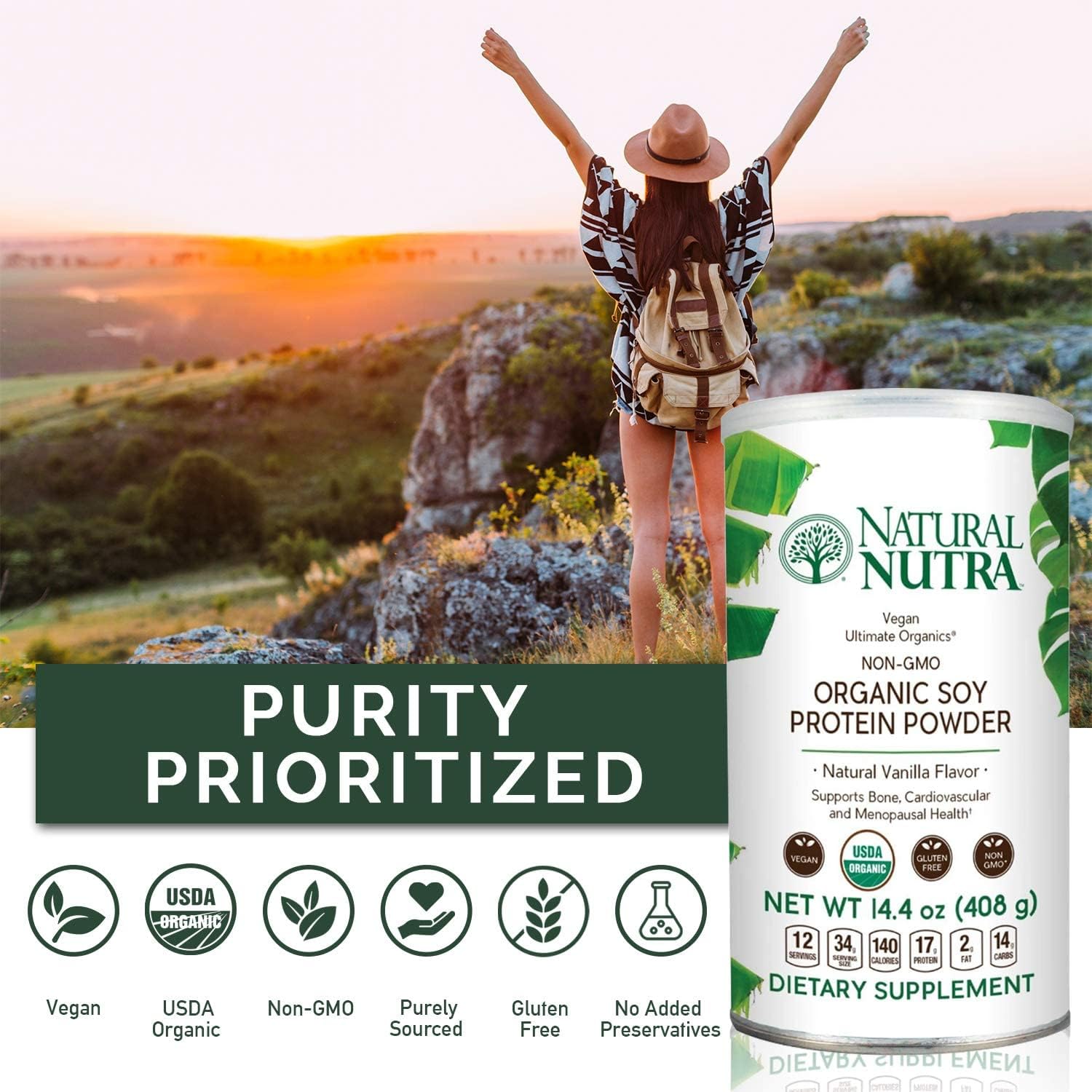 Natural Nutra Organic Vegan Plant Based Soy Protein Powder - Supports Midlife Transition, Bone Health, Cardiovascular Health - Gluten Free, Non GMO, Sugar-Free - 14.4 OZ.