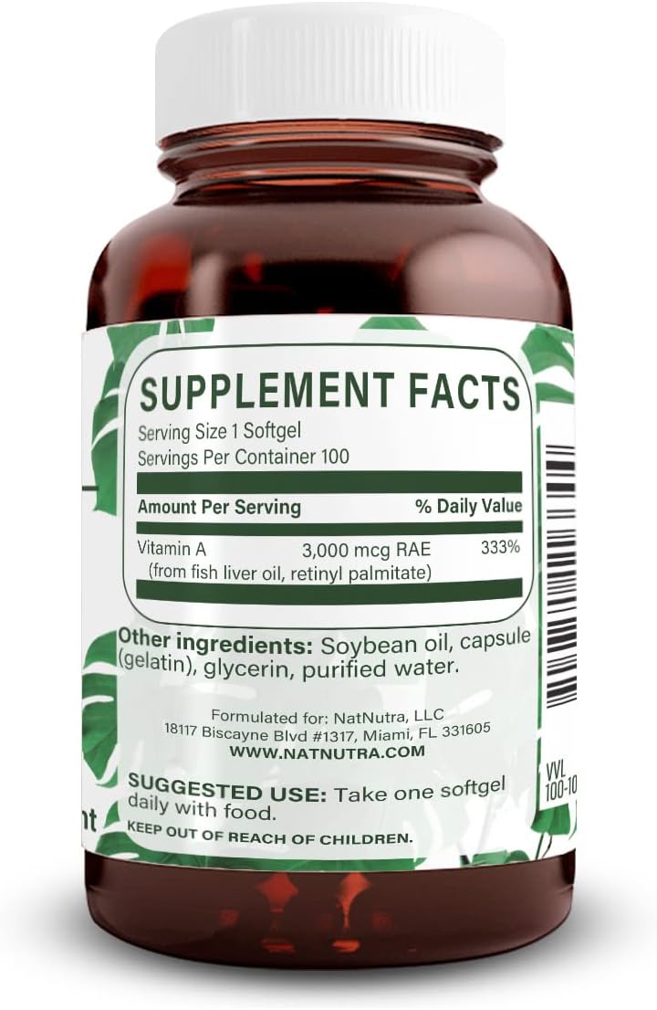 Natural Nutra Vitamin A 10,000 IU Softgels - Cod Liver Oil Supplement for Eye, Skin, Nails Health - Prevent Cataract with Omega 3 - Gluten Free - 100 Count (3 Pack)