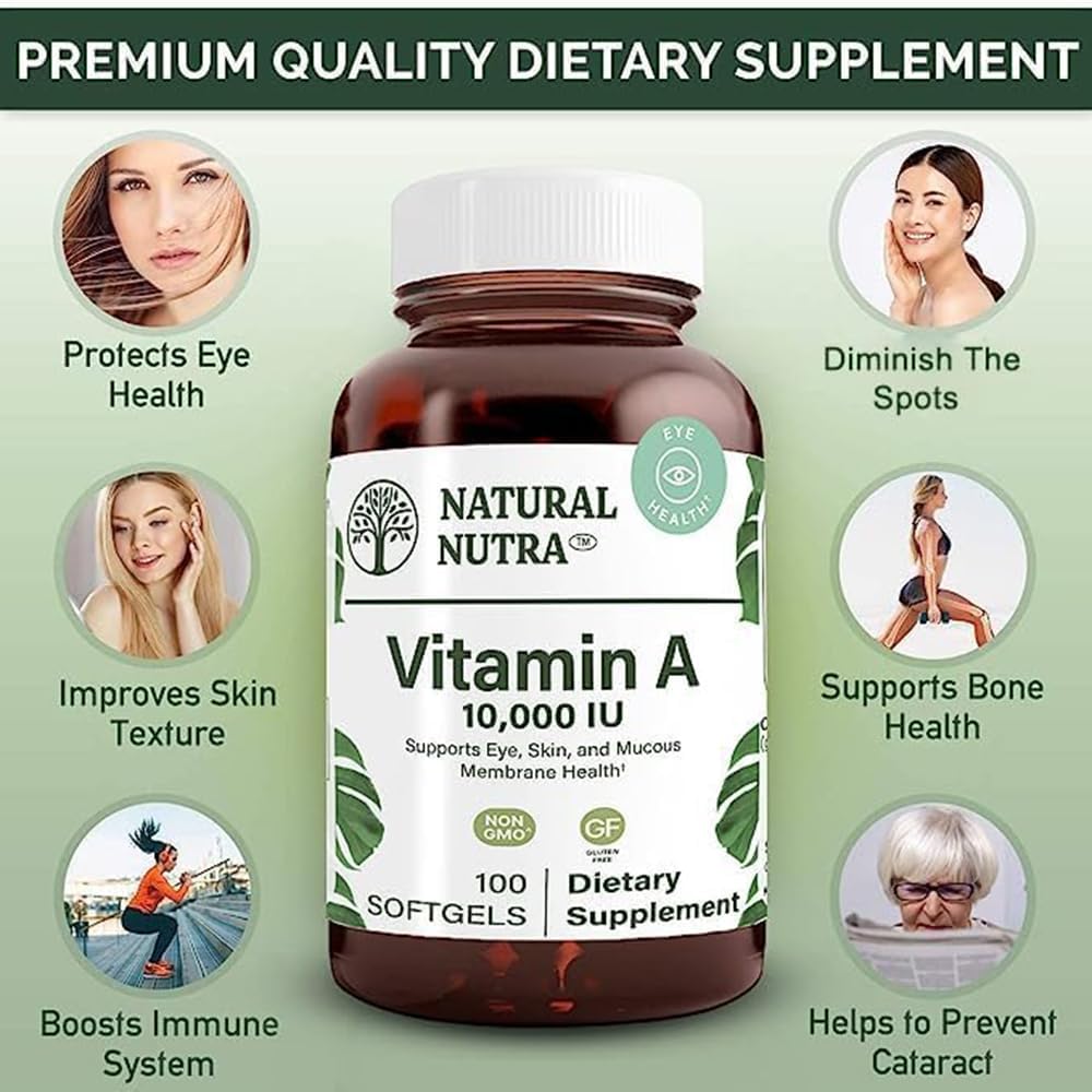 Natural Nutra Vitamin A 10,000 IU Softgels - Cod Liver Oil Supplement for Eye, Skin, Nails Health - Prevent Cataract with Omega 3 - Gluten Free - 100 Count (3 Pack)