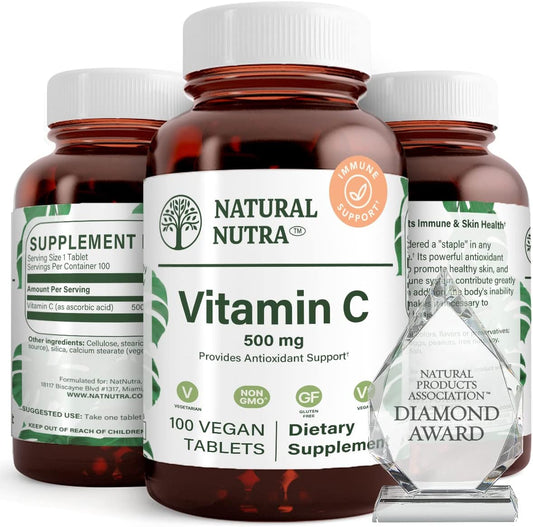 Natural Nutra Vitamin C Supplement 500 mg - Immune System Booster for Heart Health, Metabolism, Fluid Regulation, Skin Texture - Vegan Tablets for Overall Wellness