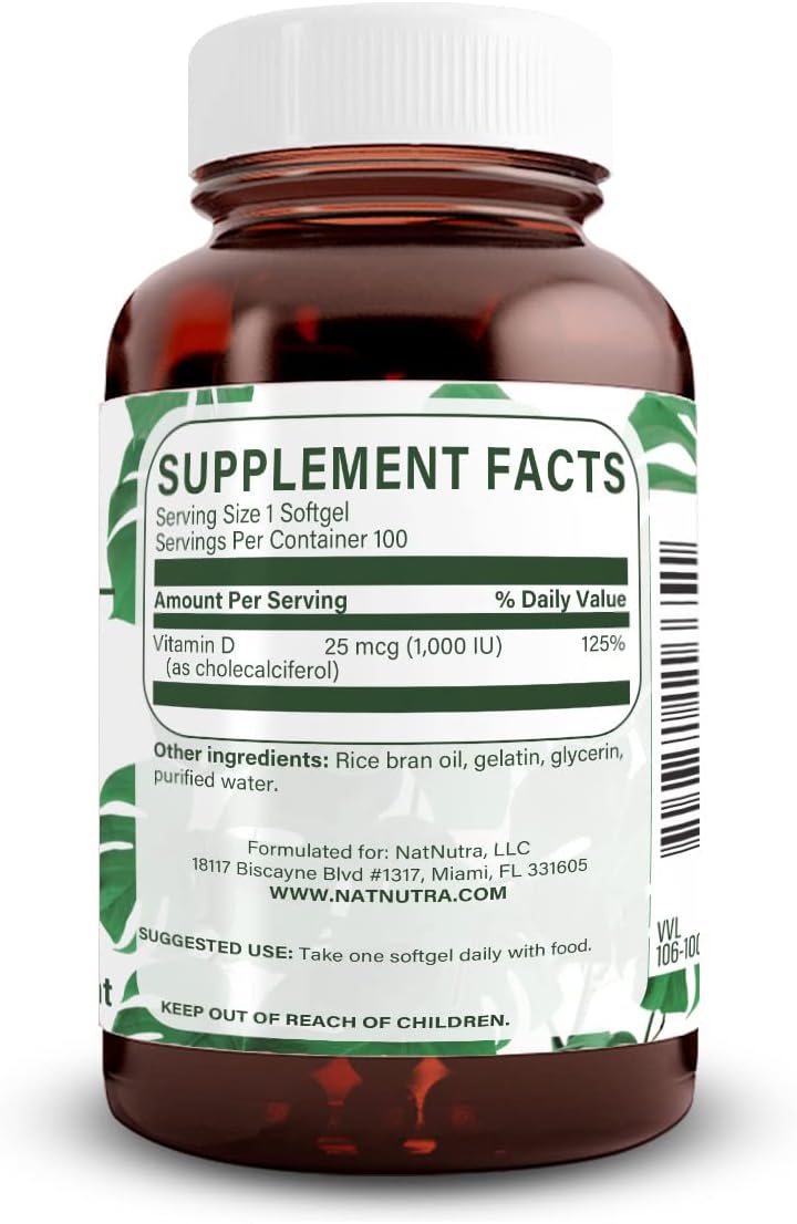 Natural Nutra Vitamin D3 1000 IU Softgels for Joint and Bone Health, Immunity, and Heart Support