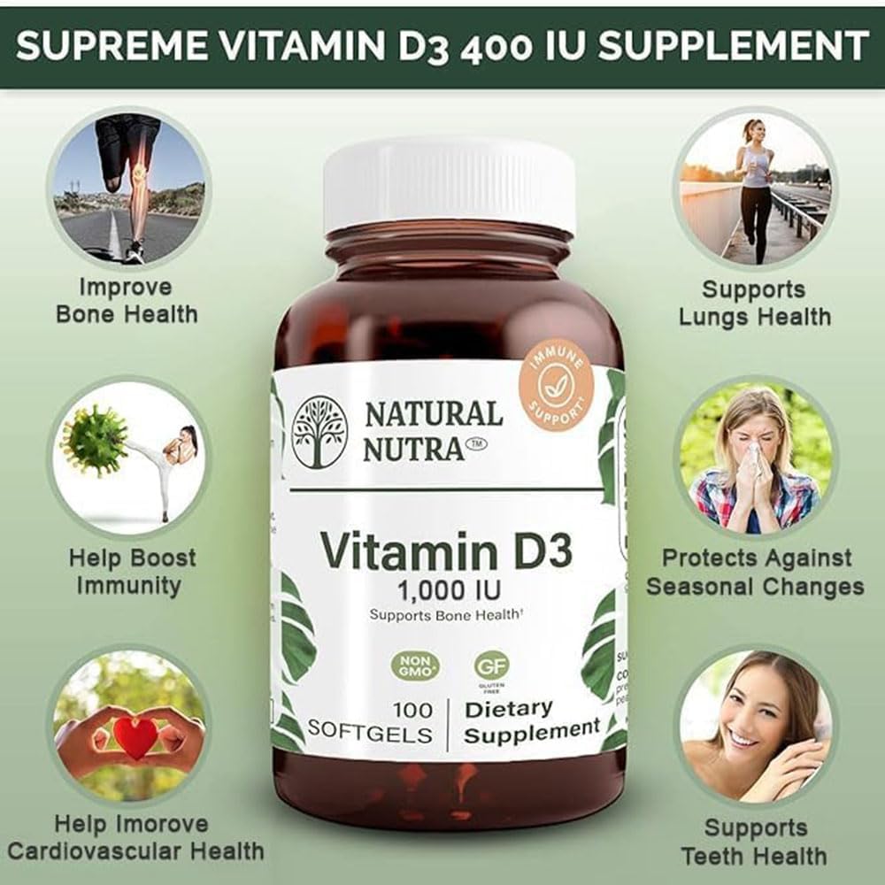 Natural Nutra Vitamin D3 1000 IU Softgels for Joint and Bone Health, Immunity, and Heart Support