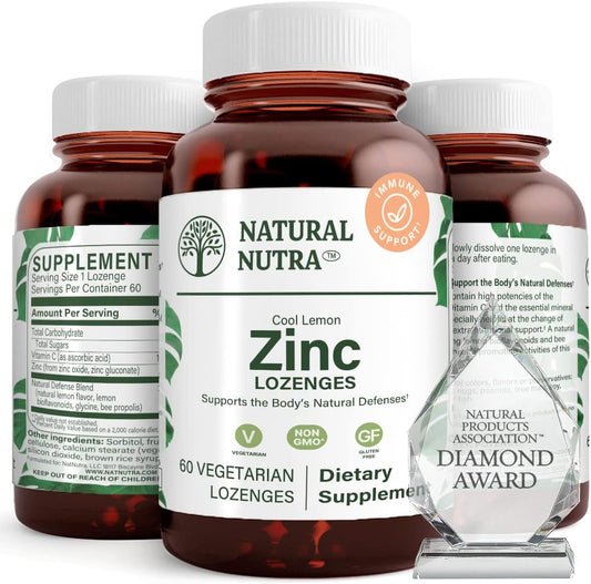Natural Nutra Zinc Lozenges with Vitamin C and Bee Propolis for Immune Support, Sublingual Zinc Gluconate Tablets with Bioflavonoids, Lemon Flavor, 60 Vegetarian Tablets