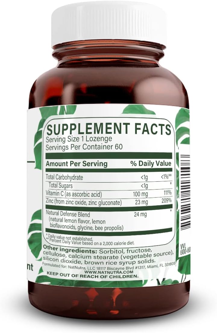 Natural Nutra Zinc Lozenges with Vitamin C and Bee Propolis for Immune Support, Sublingual Zinc Gluconate Tablets with Bioflavonoids, Lemon Flavor, 60 Vegetarian Tablets