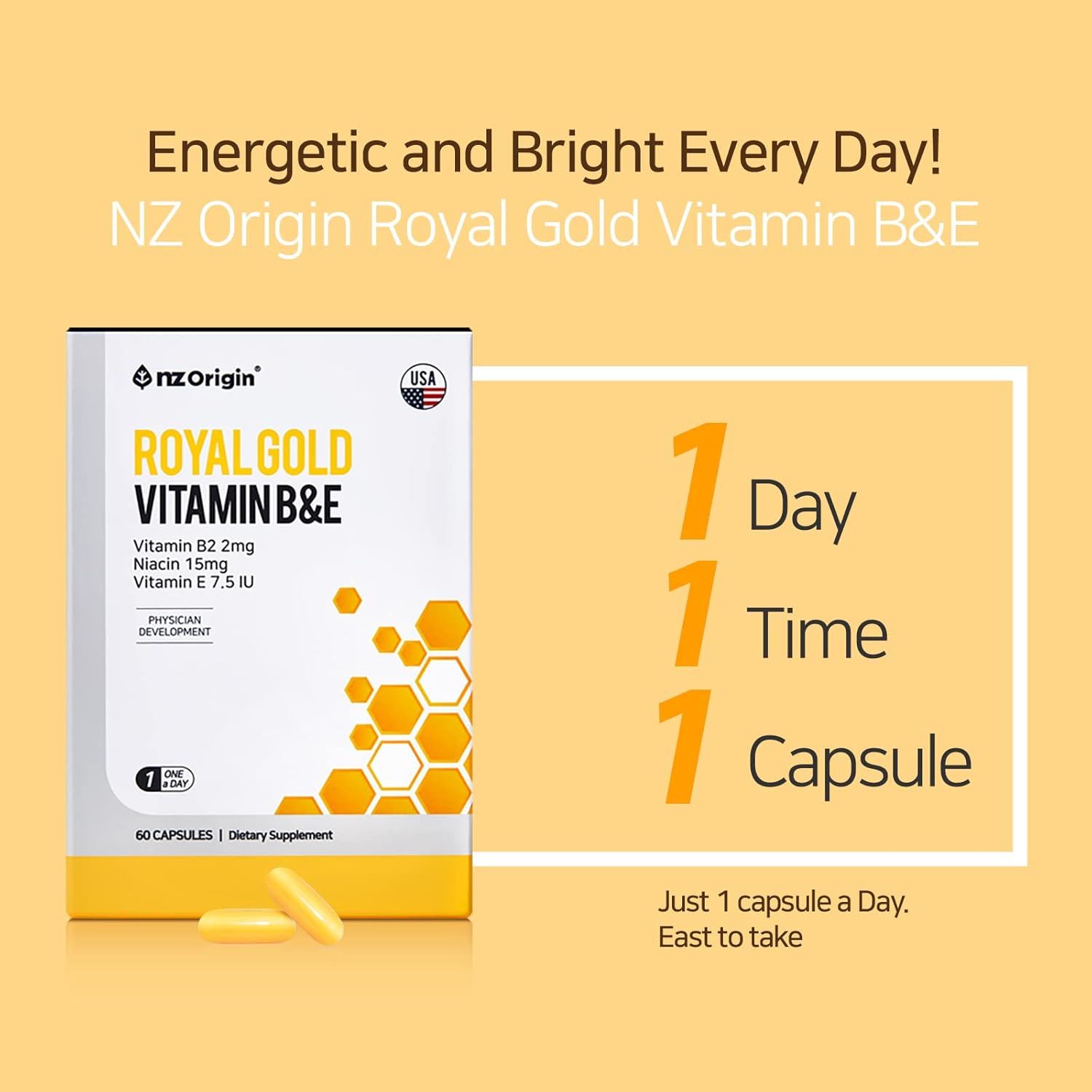 Natural NZ Origin Royal Gold Vitamin B&E Capsules for Men, Women, and Kids - 60 Count Bottle - Supports Cell Protection and Energy Production in Body - Niacin 15mg Dietary Supplement