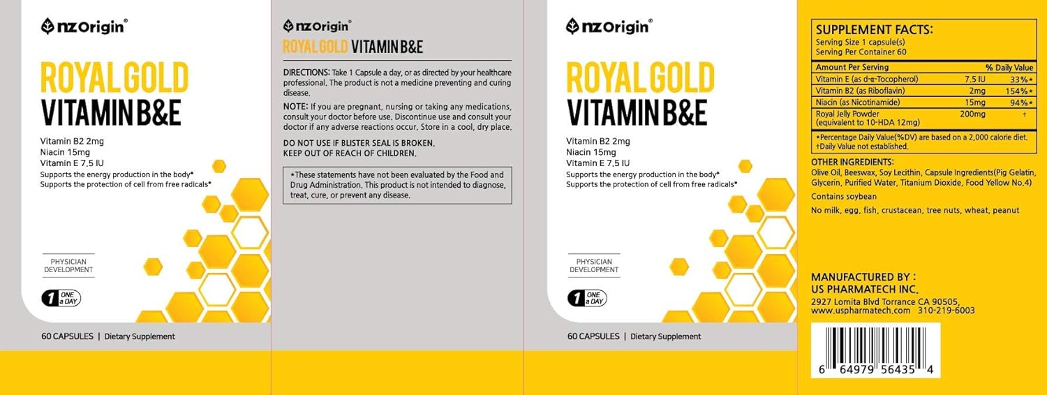 Natural NZ Origin Royal Gold Vitamin B&E Capsules for Men, Women, and Kids - 60 Count Bottle - Supports Cell Protection and Energy Production in Body - Niacin 15mg Dietary Supplement