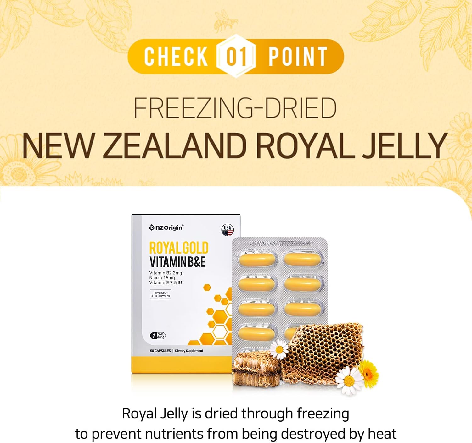 Natural NZ Origin Royal Gold Vitamin B&E Capsules for Men, Women, and Kids - 60 Count Bottle - Supports Cell Protection and Energy Production in Body - Niacin 15mg Dietary Supplement