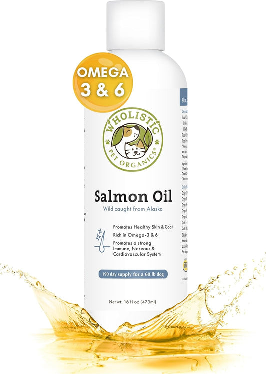Natural Omega 3 Salmon Oil Supplement for Dogs and Cats - Wholistic Pet Organics Deep Sea Wild Alaskan Fish Oil with EPA and DHA for Skin, Coat, Heart, and Nervous System Health