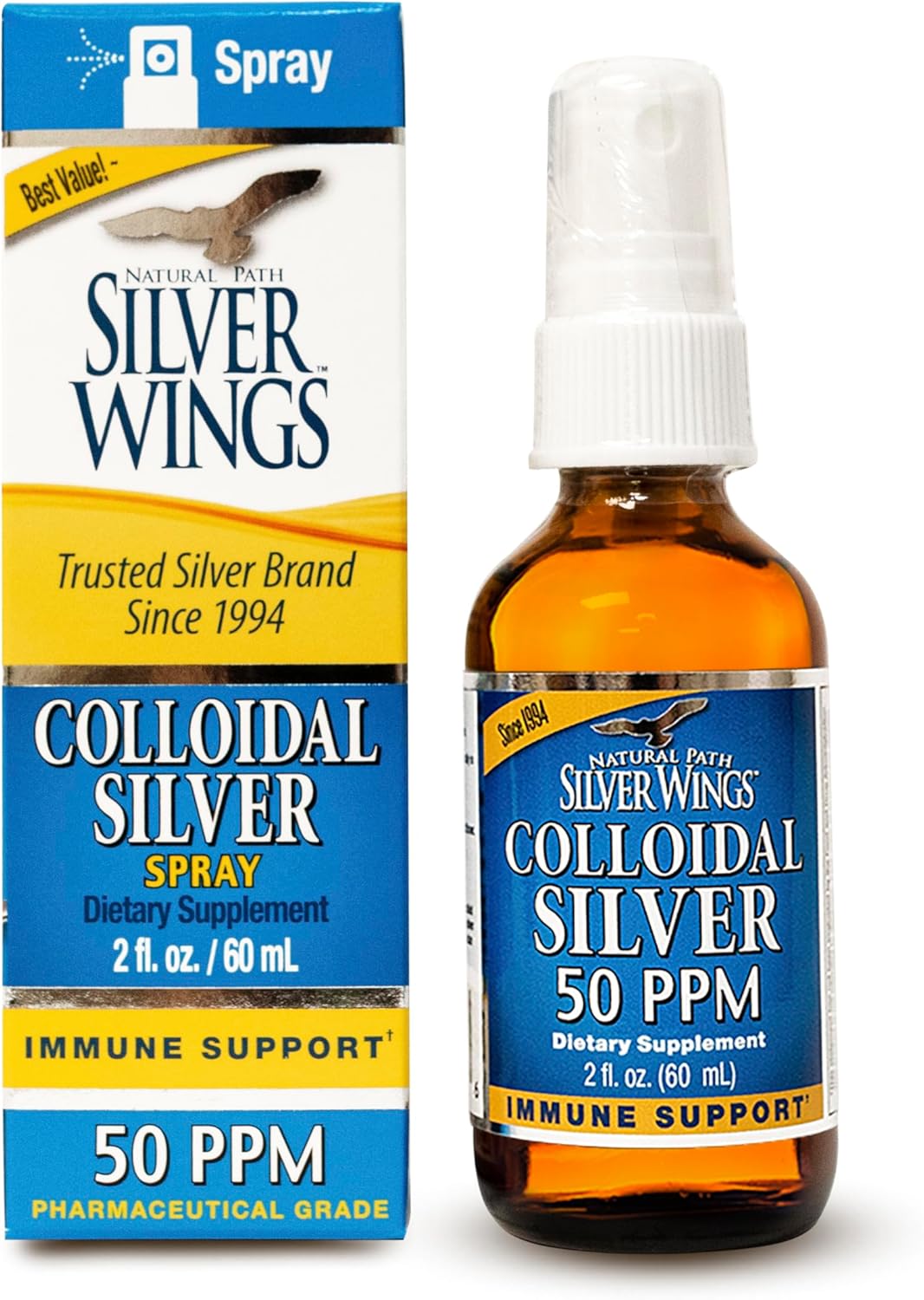 Natural Path Silver Wings Colloidal Silver Liquid Spray - Immune Support Supplement - 50ppm Concentration - 2oz Bottle