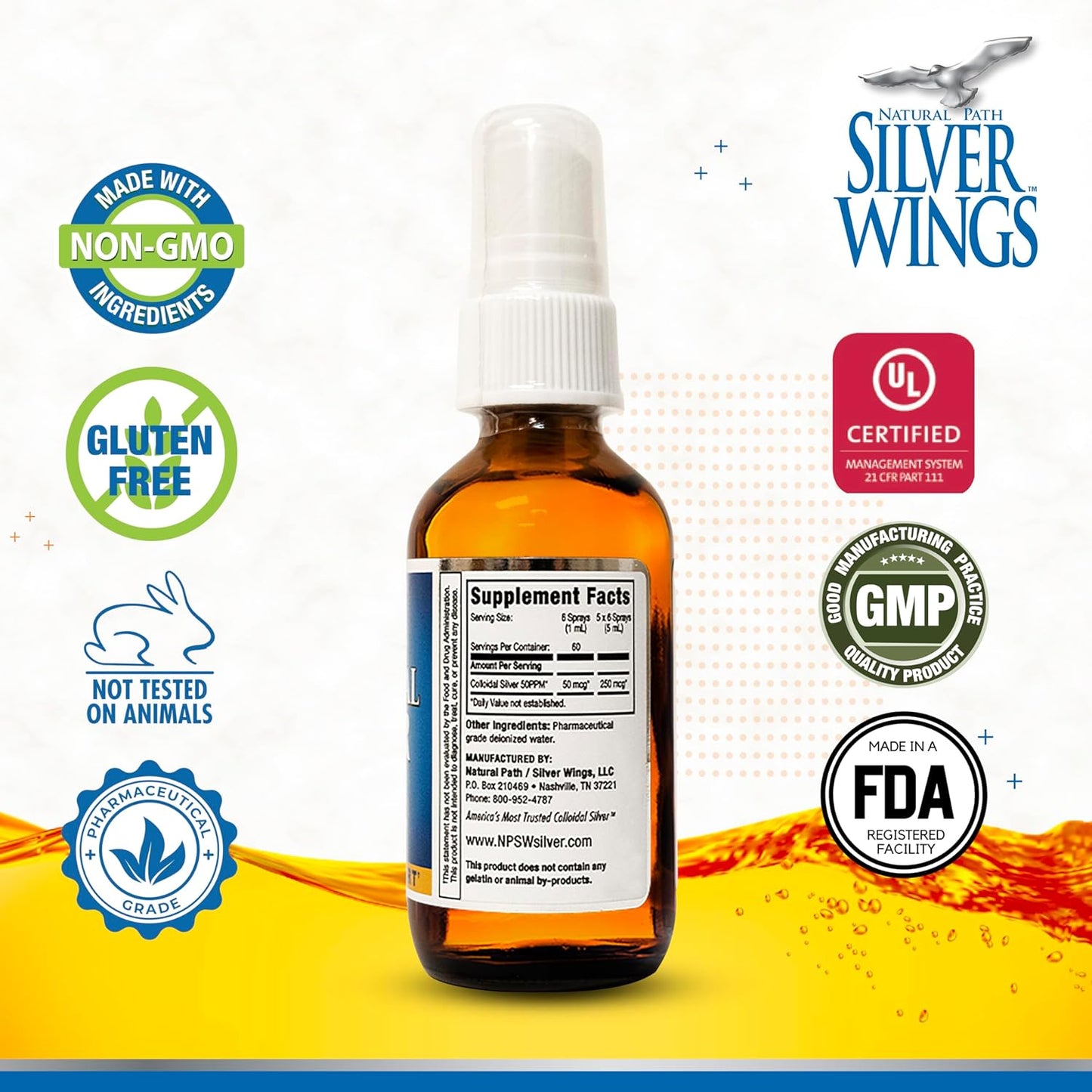 Natural Path Silver Wings Colloidal Silver Liquid Spray - Immune Support Supplement - 50ppm Concentration - 2oz Bottle