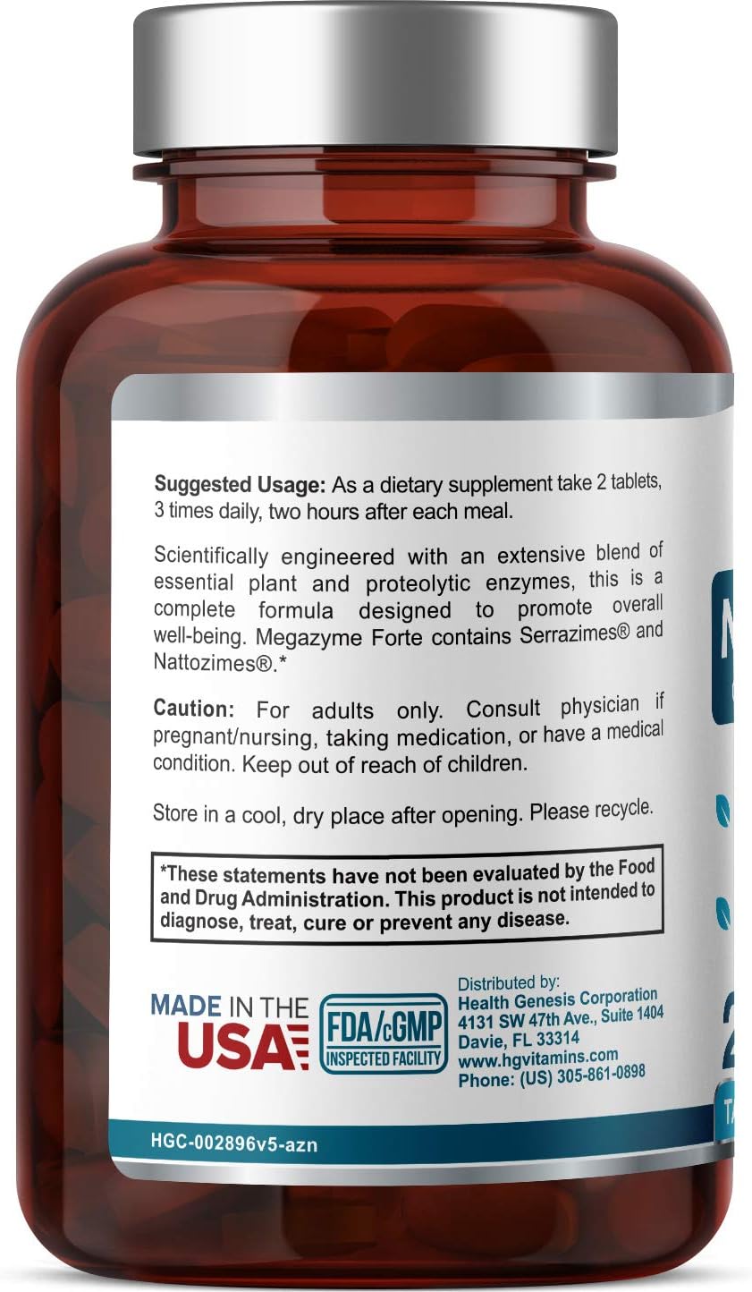 Natural Plant Proteolytic Enzymes for Digestive & Immune Support - Health Genesis Megazyme Forte 200 Tablets with Nattozimes & Serrazimes