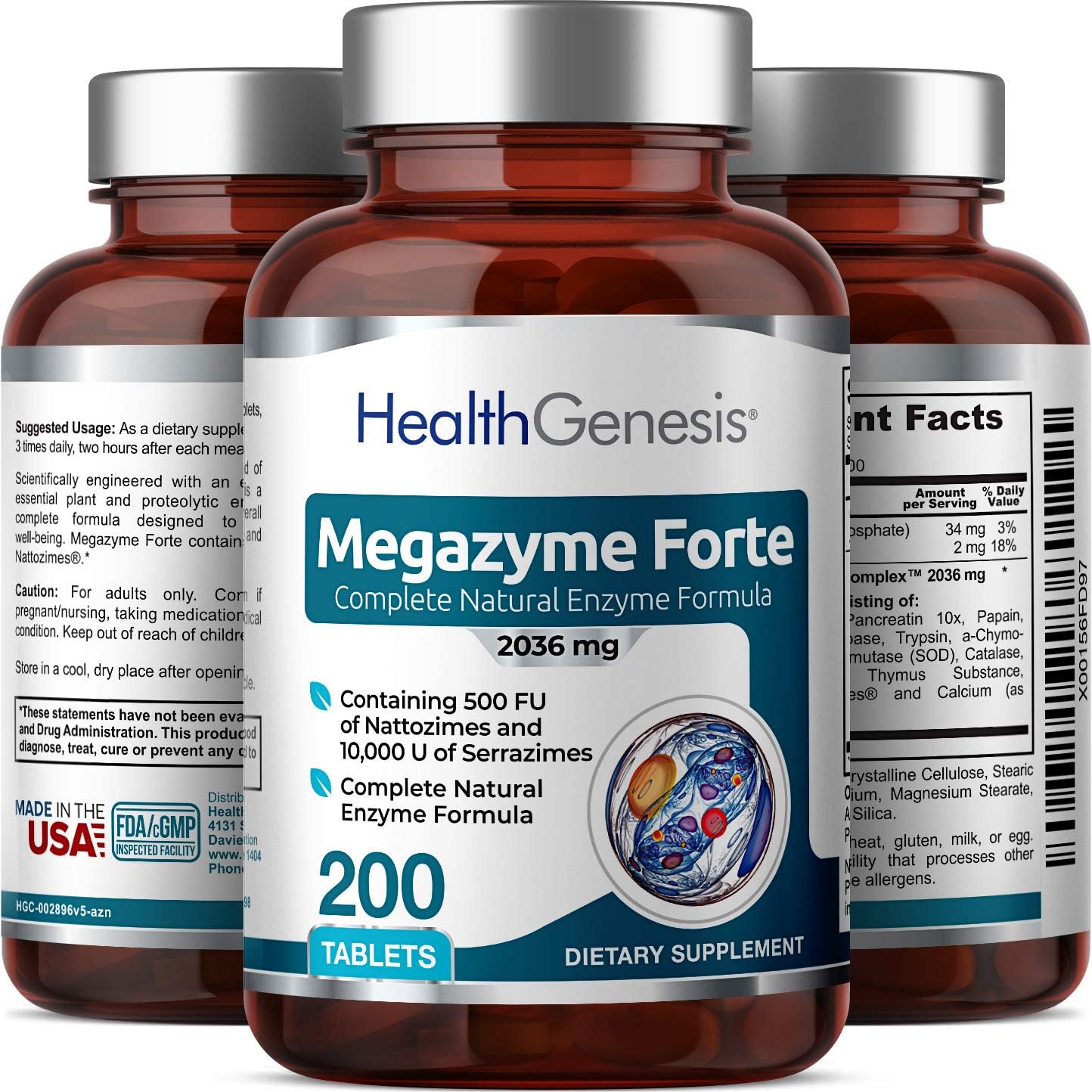 Natural Plant Proteolytic Enzymes for Digestive & Immune Support - Health Genesis Megazyme Forte 200 Tablets with Nattozimes & Serrazimes
