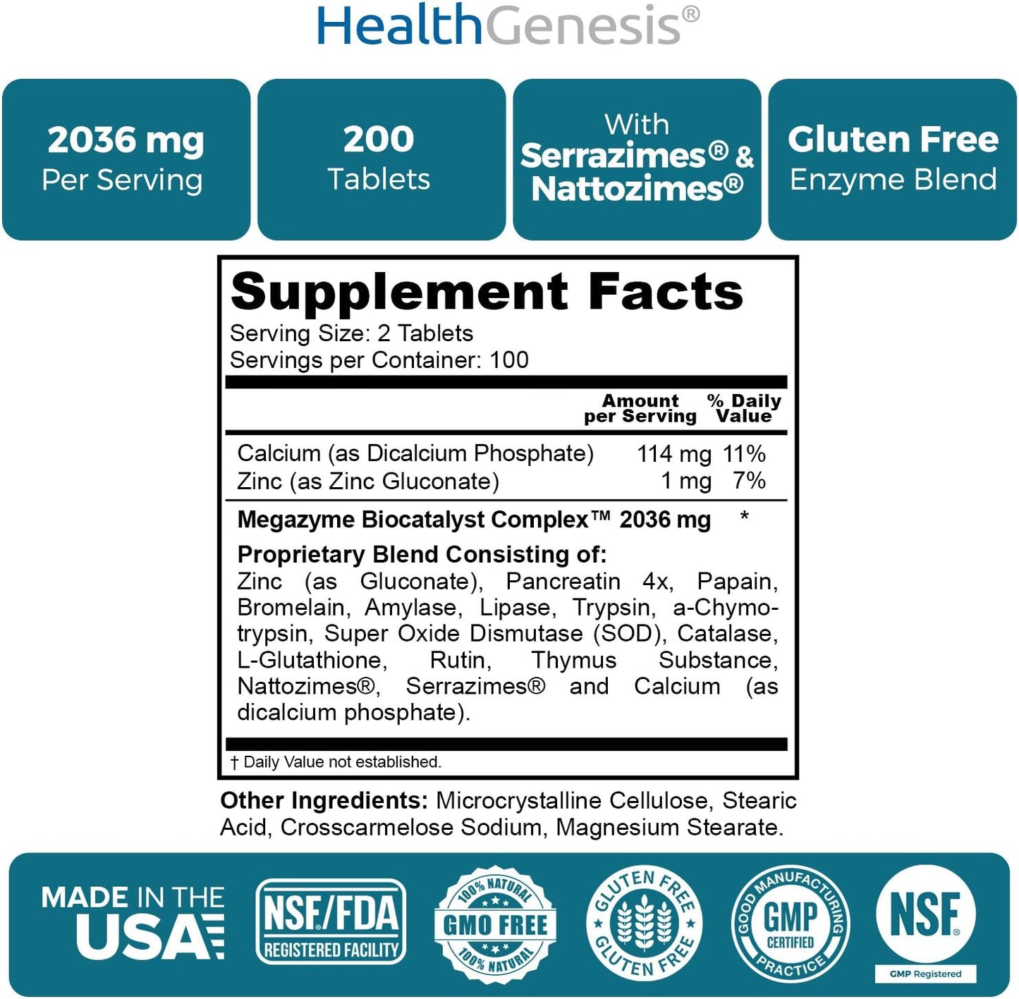 Natural Plant Proteolytic Enzymes for Digestive & Immune Support - Health Genesis Megazyme Forte 200 Tablets with Nattozimes & Serrazimes