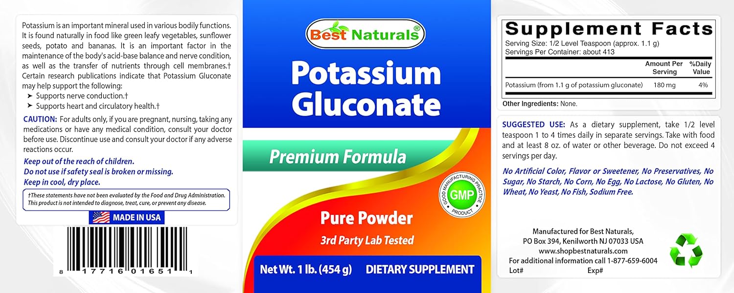 Natural Potassium Gluconate Powder - 2lb Pack, High Quality Supplement for Health and Wellness