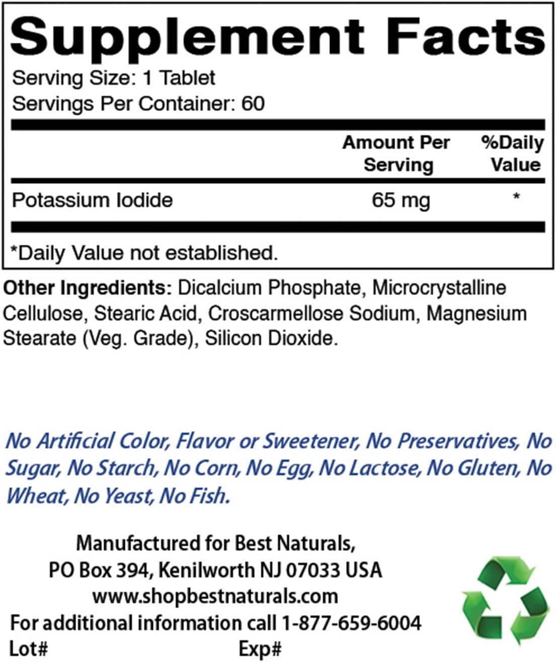 Natural Potassium Iodide 65mg Supplement - 60 Tablets, High Quality Formula for Thyroid Support