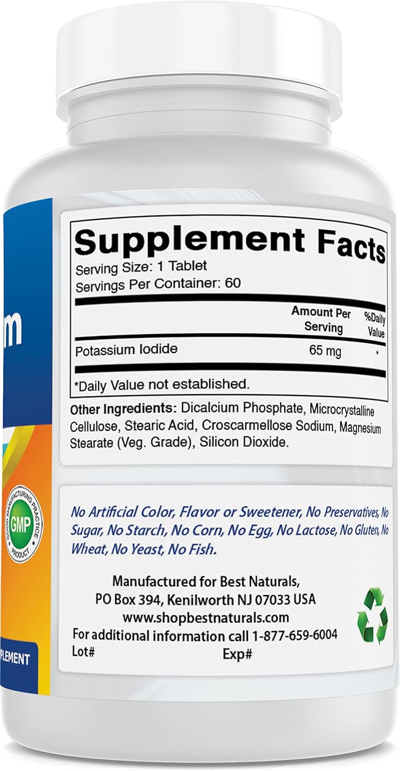 Natural Potassium Iodide 65mg Supplement - 60 Tablets, High Quality Formula for Thyroid Support