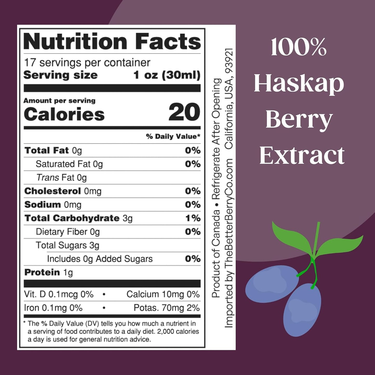 Natural Prairie Haskap Berry Extract - Rich in Antioxidants - Anti-Inflammatory - 17 fl oz Bottle - Canadian Product