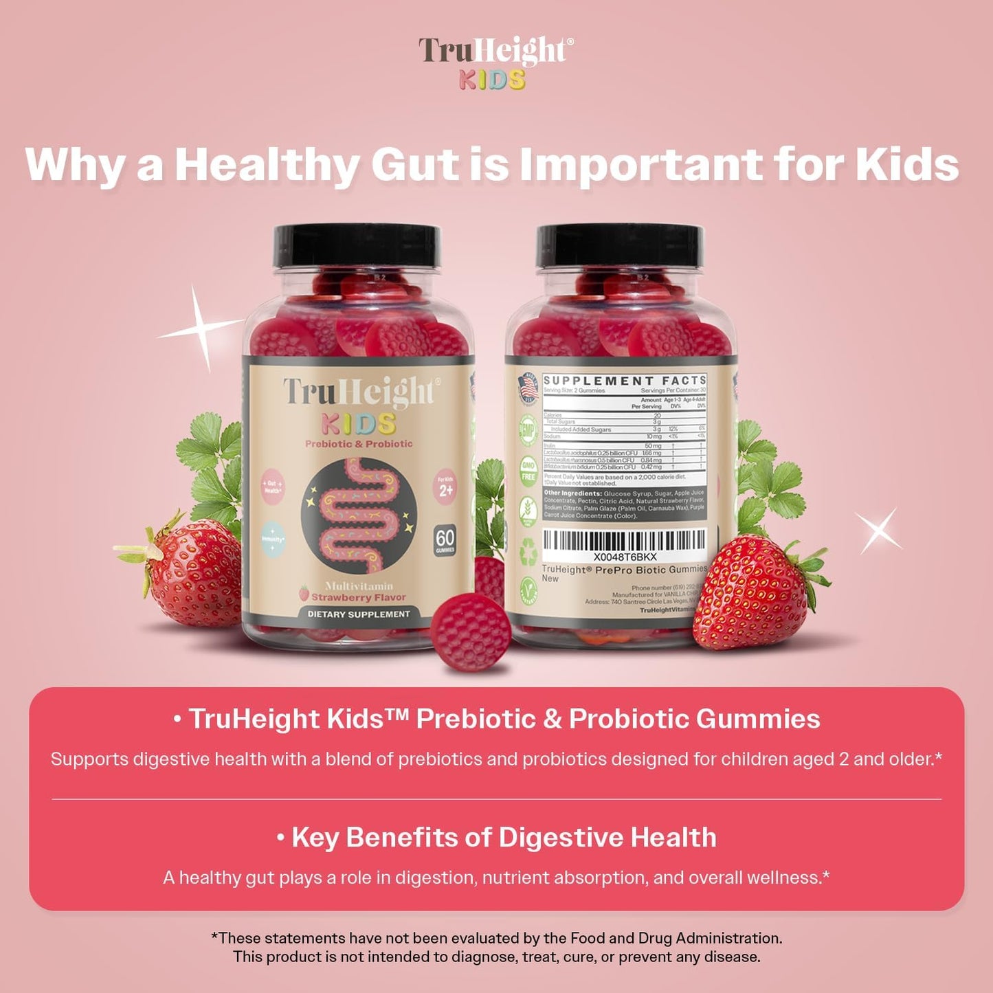 Natural Prebiotic & Probiotic Gummies for Kids 2+ - Strawberry Flavored Digestive Health & Immune Support Supplement - Pediatric Recommended, Vegan & NonGMO