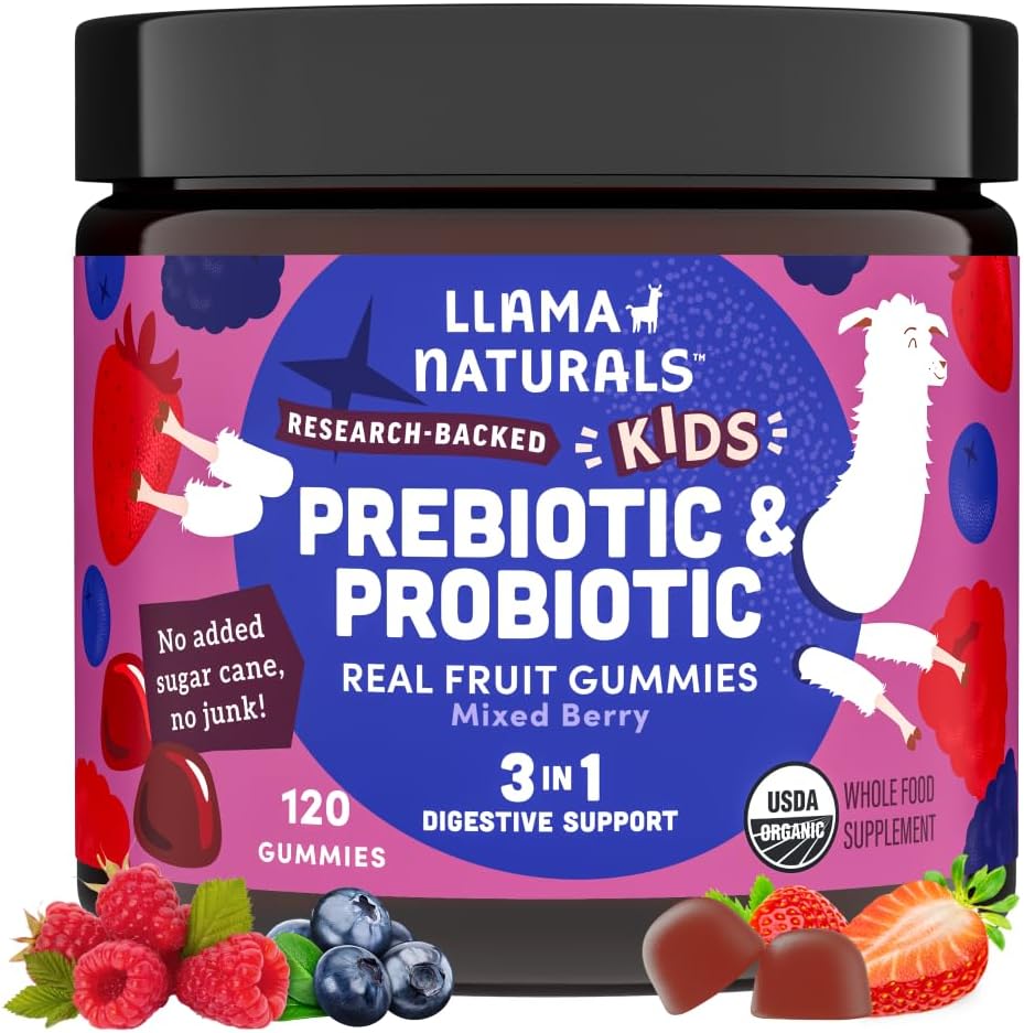 Natural Prebiotic & Probiotic Kids Gummies for Digestion & Gut Health - No Added Sugar, Mixed Berry Flavor, 120ct - Llama Naturals
